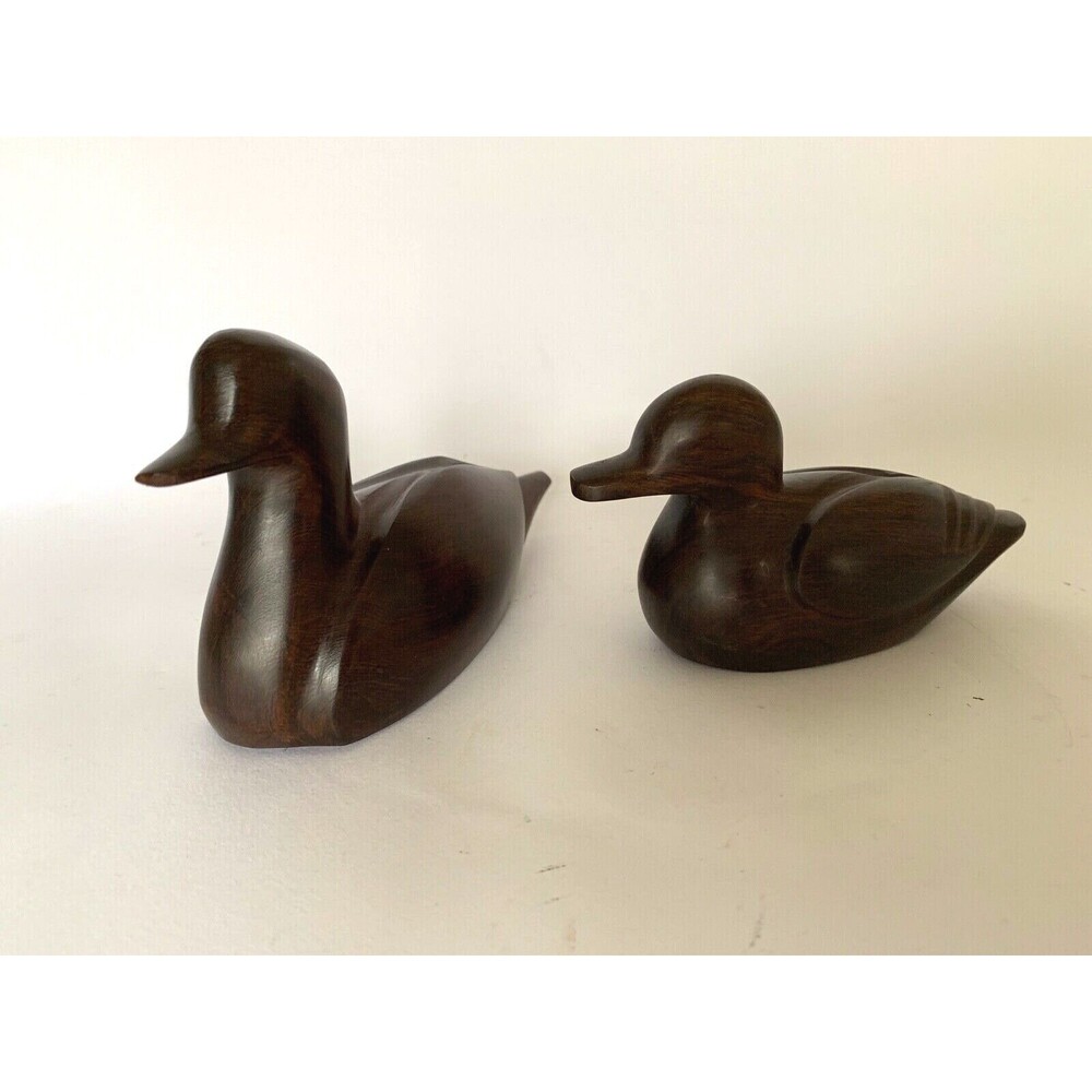 Set of 2 Ducks Figure Folk Art Hand Carved Made in Mexico Heavy Wood